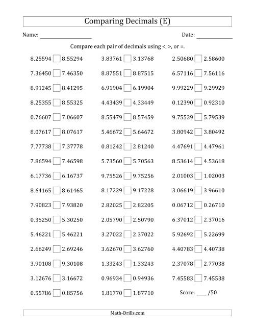 The Comparing Decimals Up to Hundred Thousandths (Two Digits Swapped) (E) Math Worksheet