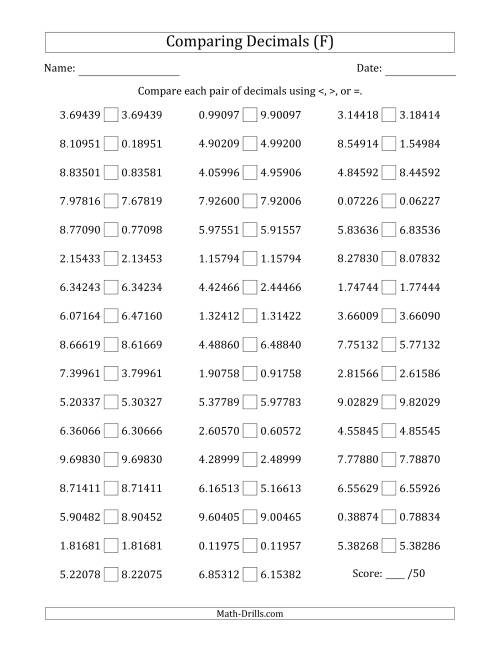 The Comparing Decimals Up to Hundred Thousandths (Two Digits Swapped) (F) Math Worksheet