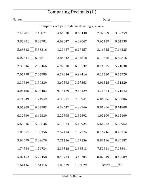 The Comparing Decimals Up to Hundred Thousandths (Two Digits Swapped) (G) Math Worksheet