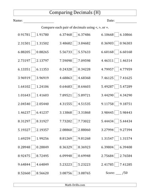 The Comparing Decimals Up to Hundred Thousandths (Two Digits Swapped) (H) Math Worksheet