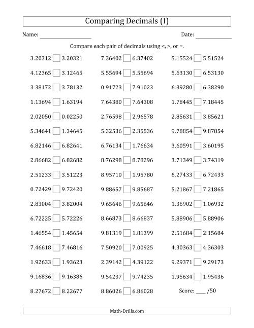 The Comparing Decimals Up to Hundred Thousandths (Two Digits Swapped) (I) Math Worksheet