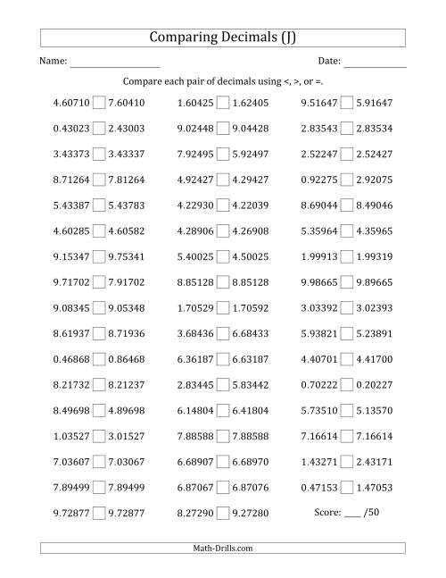 The Comparing Decimals Up to Hundred Thousandths (Two Digits Swapped) (J) Math Worksheet