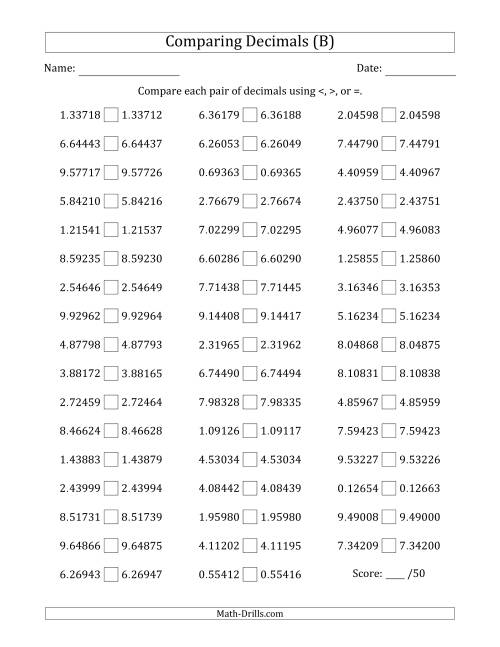 The Comparing Decimals Up to Hundred Thousandths (Both Numbers Close in Value) (B) Math Worksheet
