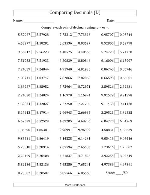 The Comparing Decimals Up to Hundred Thousandths (Both Numbers Close in Value) (D) Math Worksheet
