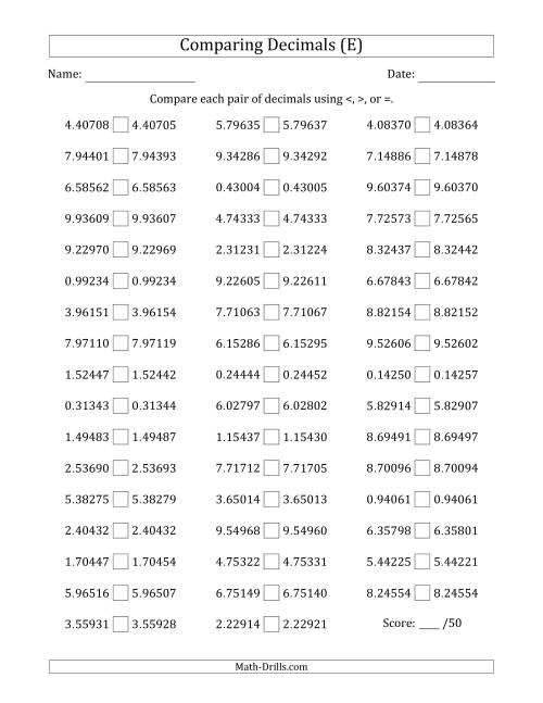The Comparing Decimals Up to Hundred Thousandths (Both Numbers Close in Value) (E) Math Worksheet