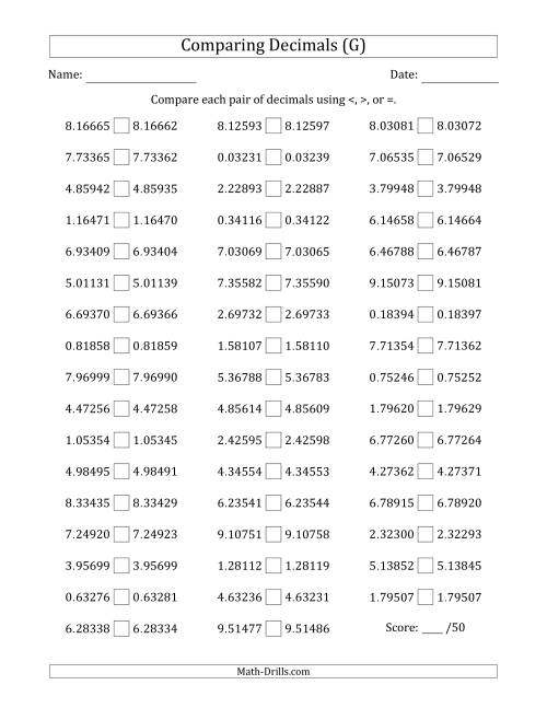 The Comparing Decimals Up to Hundred Thousandths (Both Numbers Close in Value) (G) Math Worksheet