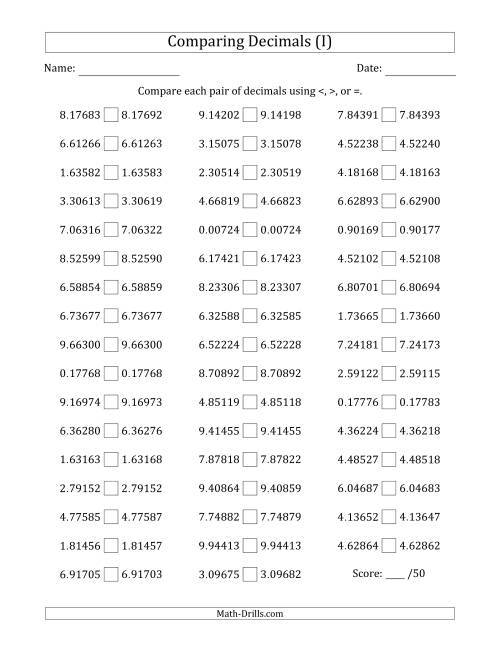 The Comparing Decimals Up to Hundred Thousandths (Both Numbers Close in Value) (I) Math Worksheet