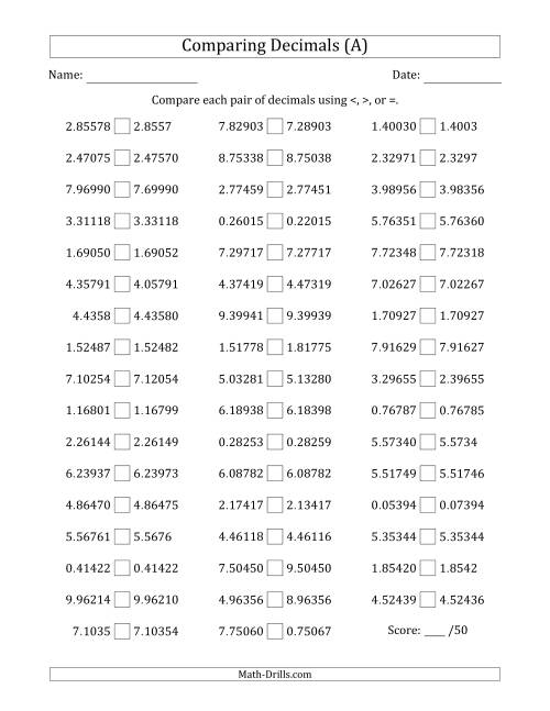 The Comparing Decimals Up to Hundred Thousandths (Various Tricks) (A) Math Worksheet