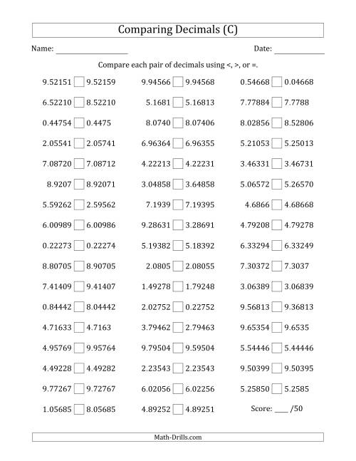 The Comparing Decimals Up to Hundred Thousandths (Various Tricks) (C) Math Worksheet