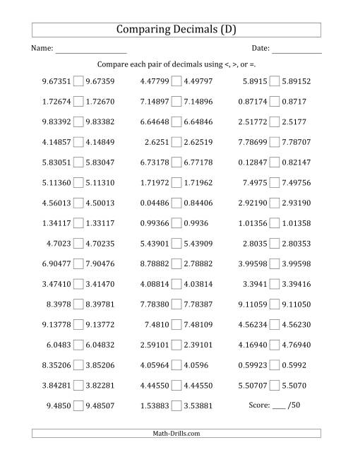 The Comparing Decimals Up to Hundred Thousandths (Various Tricks) (D) Math Worksheet