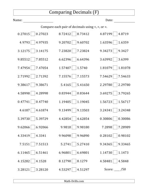The Comparing Decimals Up to Hundred Thousandths (Various Tricks) (F) Math Worksheet
