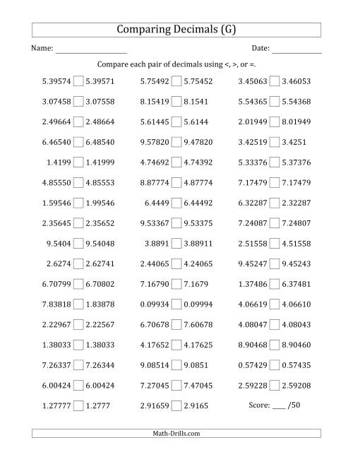 The Comparing Decimals Up to Hundred Thousandths (Various Tricks) (G) Math Worksheet
