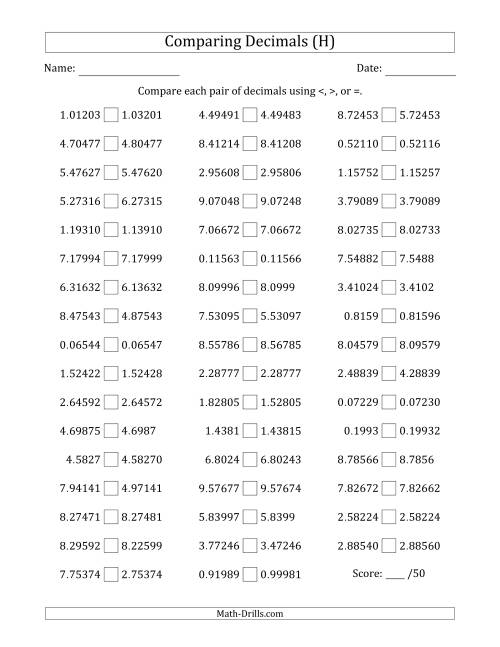 The Comparing Decimals Up to Hundred Thousandths (Various Tricks) (H) Math Worksheet