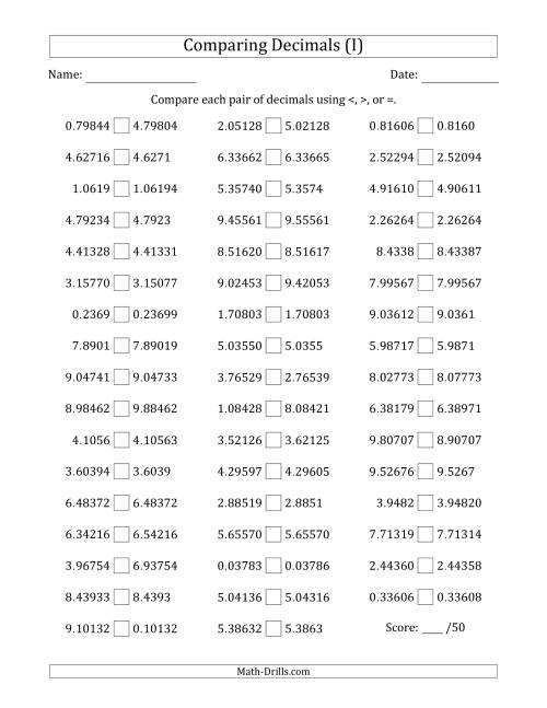 The Comparing Decimals Up to Hundred Thousandths (Various Tricks) (I) Math Worksheet