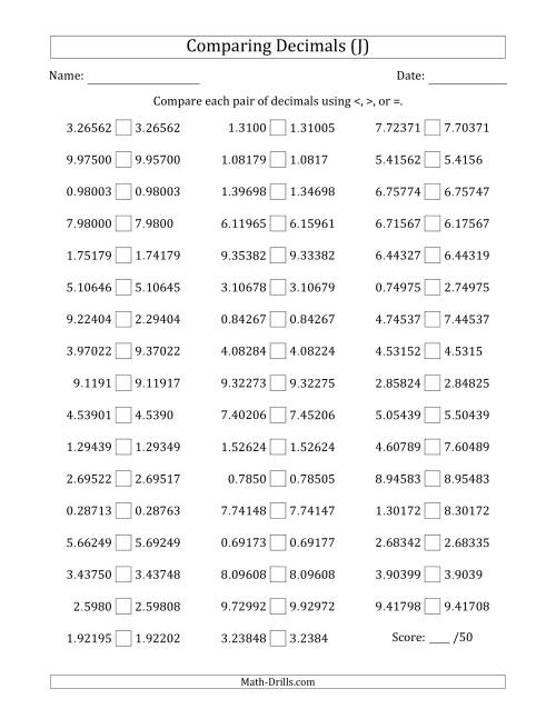 The Comparing Decimals Up to Hundred Thousandths (Various Tricks) (J) Math Worksheet