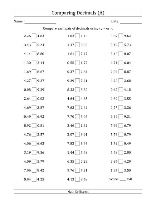 The Comparing Decimals Up to Hundredths (Both Numbers Random) (A) Math Worksheet