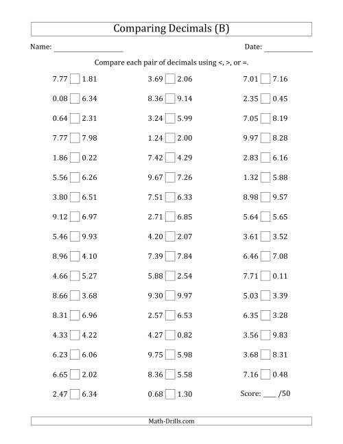 The Comparing Decimals Up to Hundredths (Both Numbers Random) (B) Math Worksheet