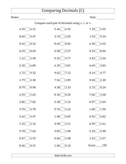 The Comparing Decimals Up to Hundredths (Both Numbers Random) (C) Math Worksheet