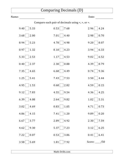 The Comparing Decimals Up to Hundredths (Both Numbers Random) (D) Math Worksheet