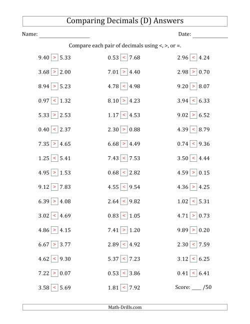 The Comparing Decimals Up to Hundredths (Both Numbers Random) (D) Math Worksheet Page 2