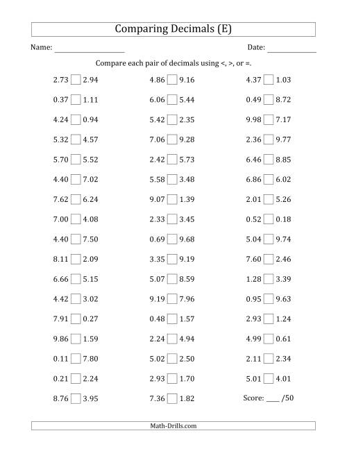 The Comparing Decimals Up to Hundredths (Both Numbers Random) (E) Math Worksheet