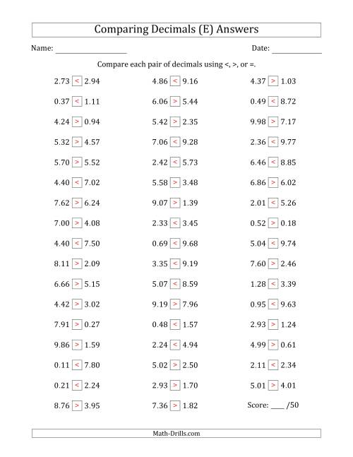 The Comparing Decimals Up to Hundredths (Both Numbers Random) (E) Math Worksheet Page 2