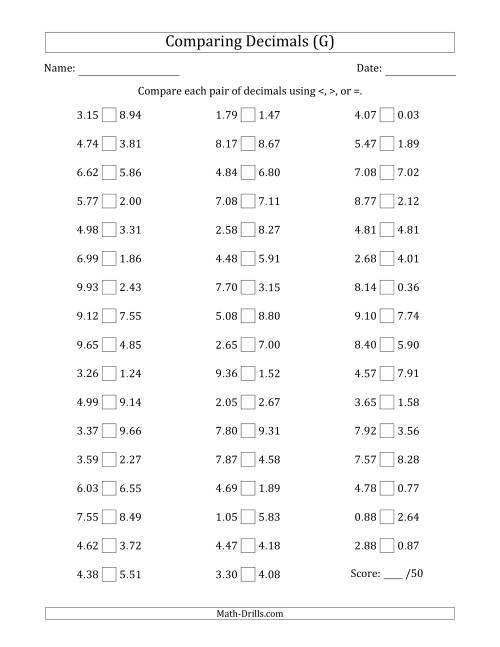 The Comparing Decimals Up to Hundredths (Both Numbers Random) (G) Math Worksheet