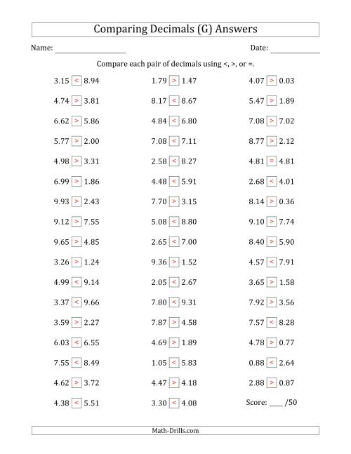 The Comparing Decimals Up to Hundredths (Both Numbers Random) (G) Math Worksheet Page 2