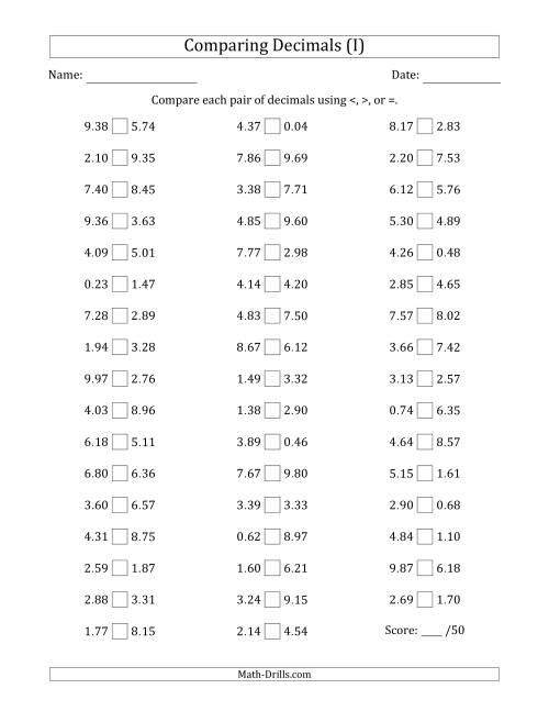 The Comparing Decimals Up to Hundredths (Both Numbers Random) (I) Math Worksheet