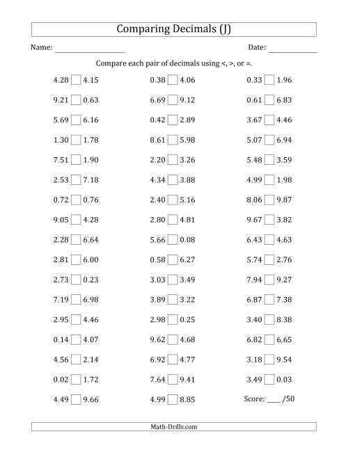 The Comparing Decimals Up to Hundredths (Both Numbers Random) (J) Math Worksheet