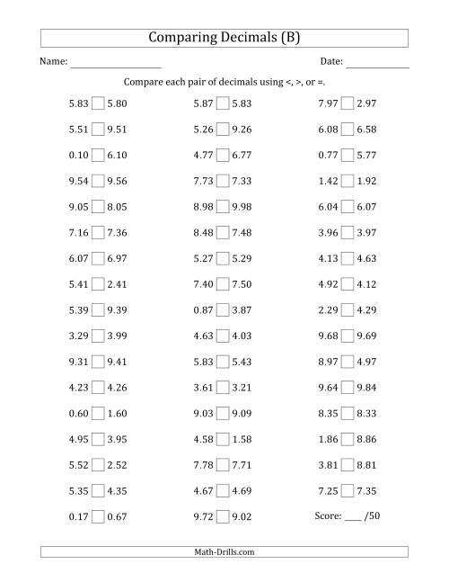 The Comparing Decimals Up to Hundredths (One Digit Differs) (B) Math Worksheet