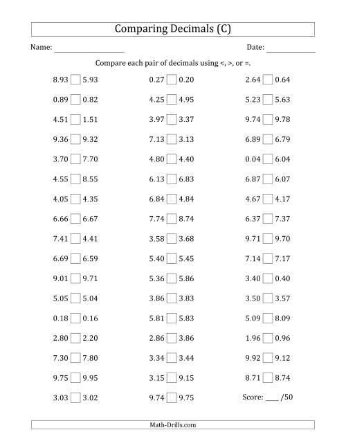 The Comparing Decimals Up to Hundredths (One Digit Differs) (C) Math Worksheet