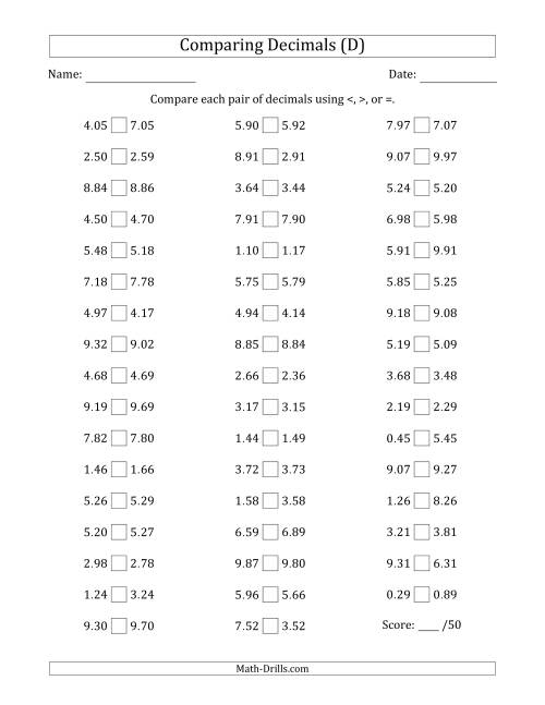The Comparing Decimals Up to Hundredths (One Digit Differs) (D) Math Worksheet