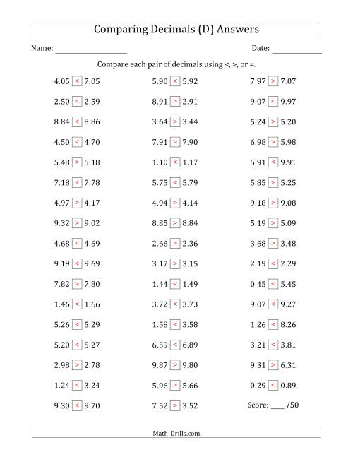 The Comparing Decimals Up to Hundredths (One Digit Differs) (D) Math Worksheet Page 2
