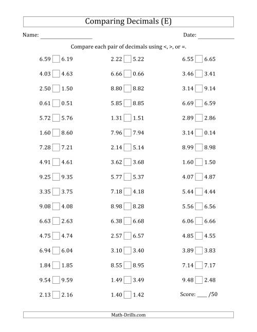 The Comparing Decimals Up to Hundredths (One Digit Differs) (E) Math Worksheet