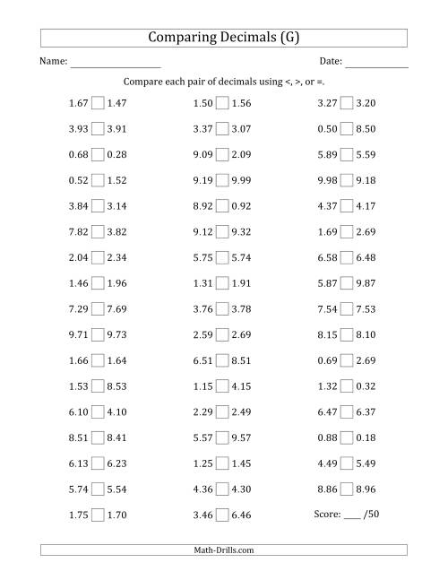The Comparing Decimals Up to Hundredths (One Digit Differs) (G) Math Worksheet