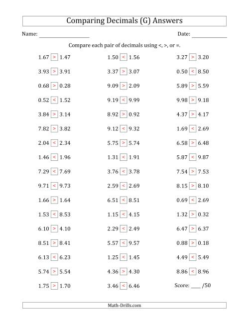 The Comparing Decimals Up to Hundredths (One Digit Differs) (G) Math Worksheet Page 2