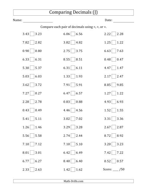 The Comparing Decimals Up to Hundredths (One Digit Differs) (J) Math Worksheet