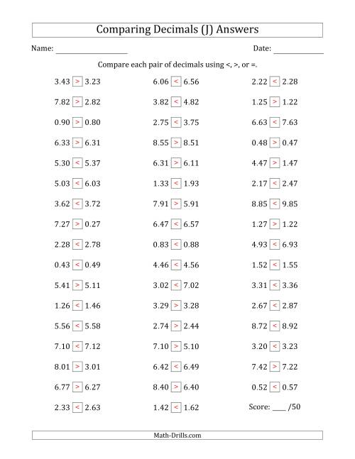 The Comparing Decimals Up to Hundredths (One Digit Differs) (J) Math Worksheet Page 2