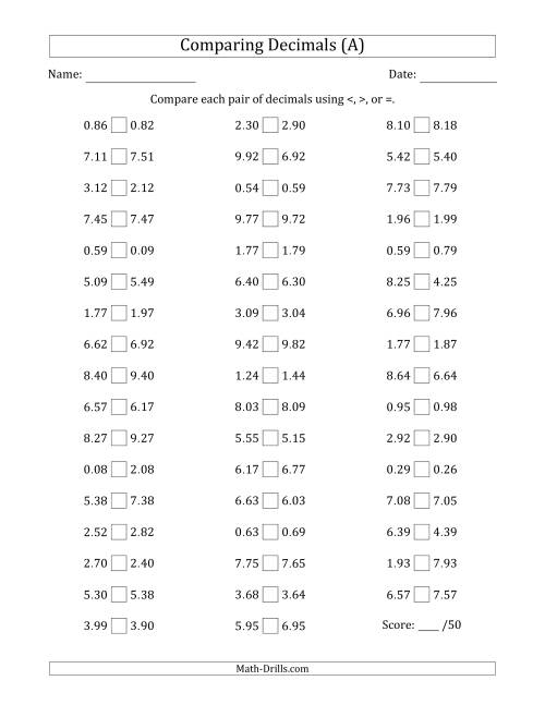 The Comparing Decimals Up to Hundredths (One Digit Differs) (All) Math Worksheet