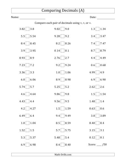 The Comparing Decimals Up to Hundredths (One Number Has an Extra Digit) (A) Math Worksheet