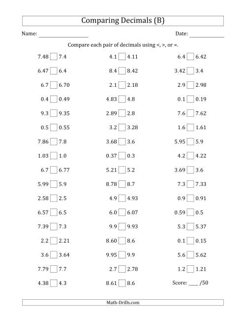 The Comparing Decimals Up to Hundredths (One Number Has an Extra Digit) (B) Math Worksheet