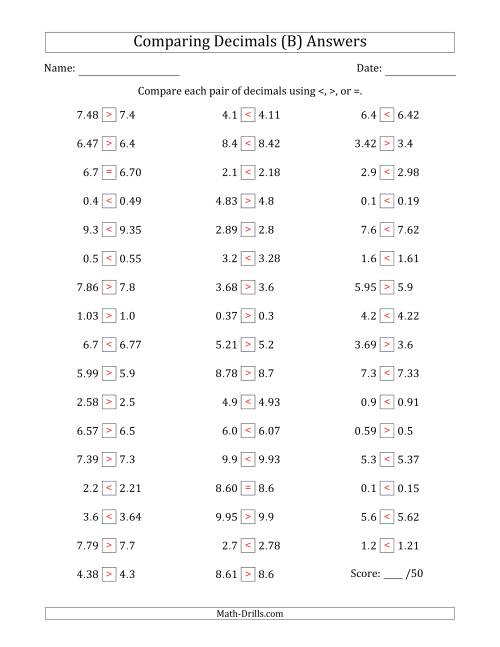 The Comparing Decimals Up to Hundredths (One Number Has an Extra Digit) (B) Math Worksheet Page 2