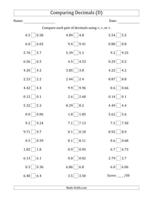 The Comparing Decimals Up to Hundredths (One Number Has an Extra Digit) (D) Math Worksheet
