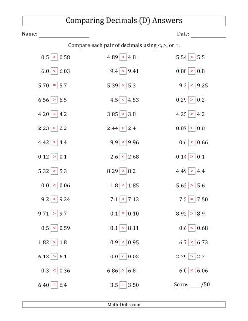 The Comparing Decimals Up to Hundredths (One Number Has an Extra Digit) (D) Math Worksheet Page 2