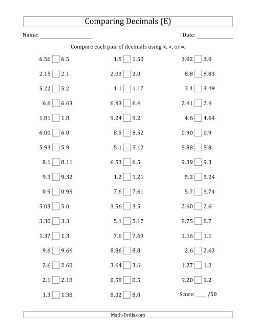 The Comparing Decimals Up to Hundredths (One Number Has an Extra Digit) (E) Math Worksheet