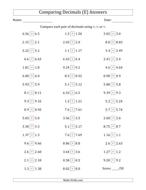 The Comparing Decimals Up to Hundredths (One Number Has an Extra Digit) (E) Math Worksheet Page 2
