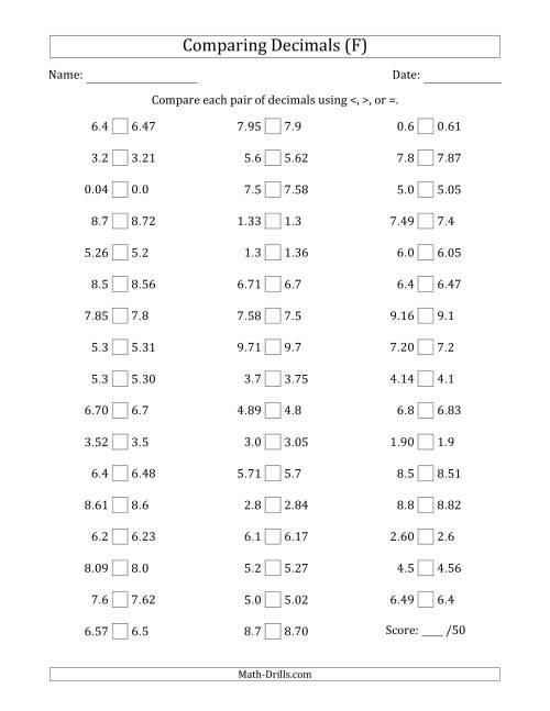 The Comparing Decimals Up to Hundredths (One Number Has an Extra Digit) (F) Math Worksheet