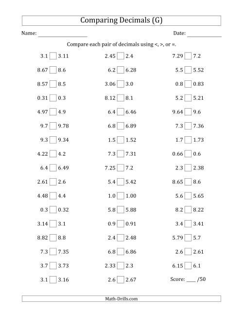 The Comparing Decimals Up to Hundredths (One Number Has an Extra Digit) (G) Math Worksheet