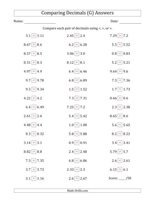 The Comparing Decimals Up to Hundredths (One Number Has an Extra Digit) (G) Math Worksheet Page 2